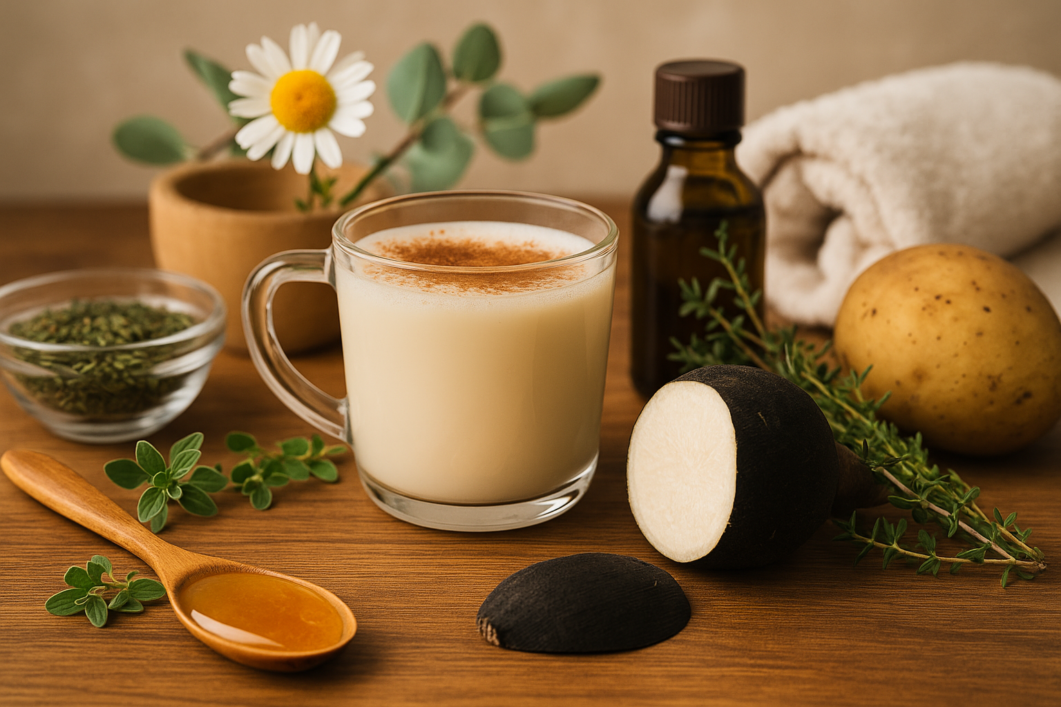 lait cannele, radis noir, pomme de terre, herbes, huiles essentielles, remède de grand-mère pour mieux s'endormir quand on est malade