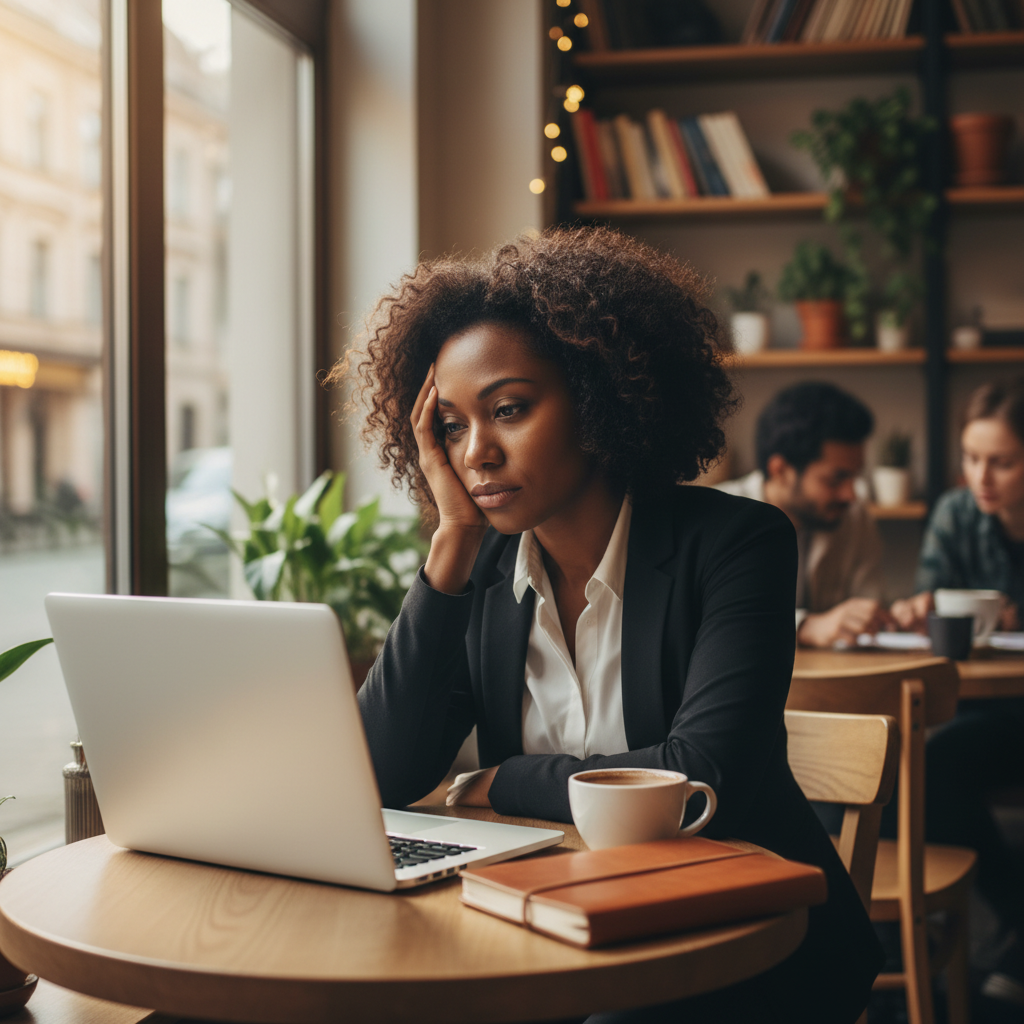 Femme qui a du mal à réfléchir, fatigue, complexe de se concentrer