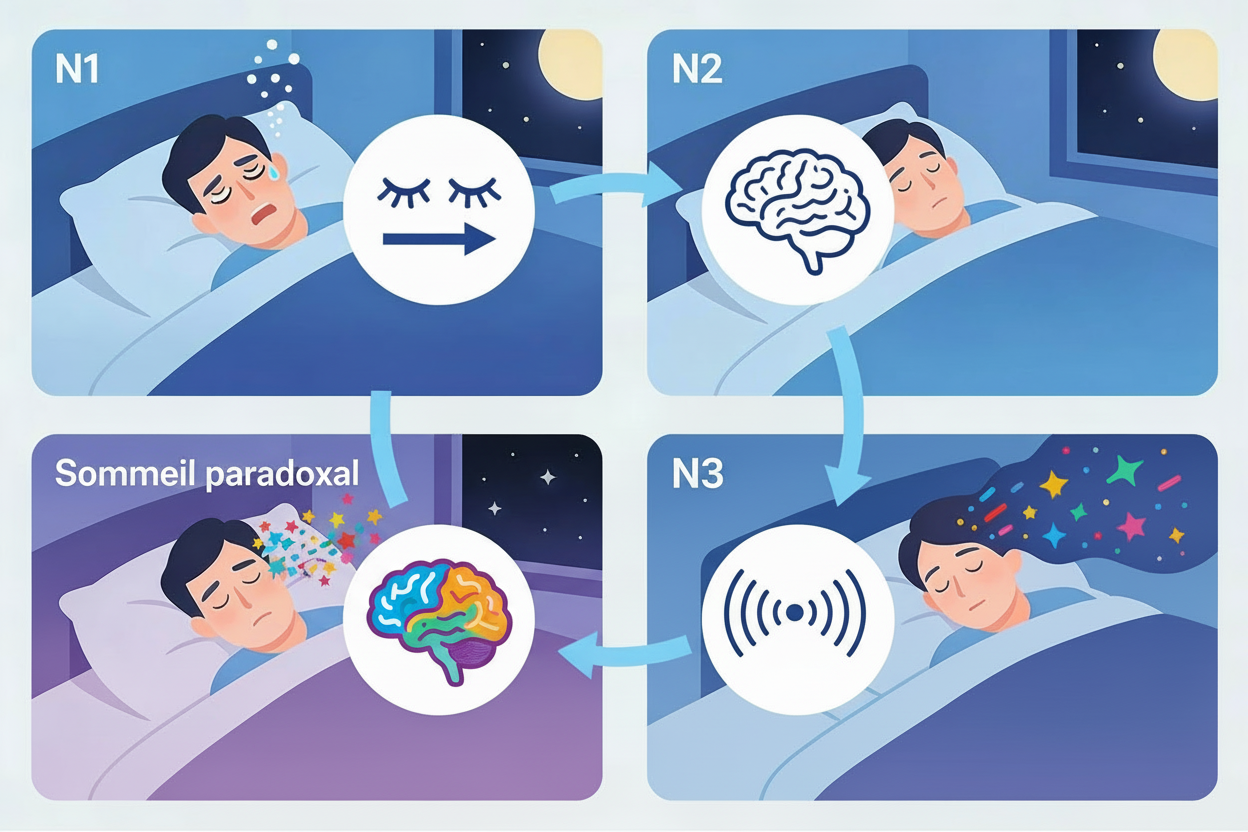 Phases du sommeil, N1, N2, N3, Sommeil paradoxal, différentes phrases du sommeil, cycle du sommeil
