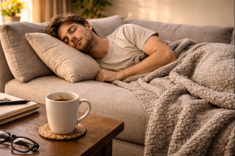 Homme qui dort, sieste avec le café, café vide, salon, canapé.