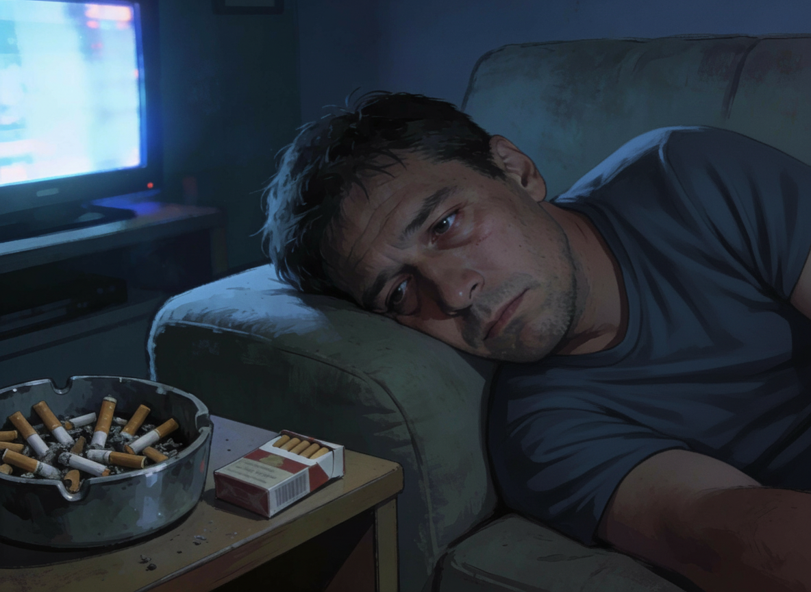 Homme fatigué, fumeur, cigarette à côté de lui, fume la nuit, fatigue extrême