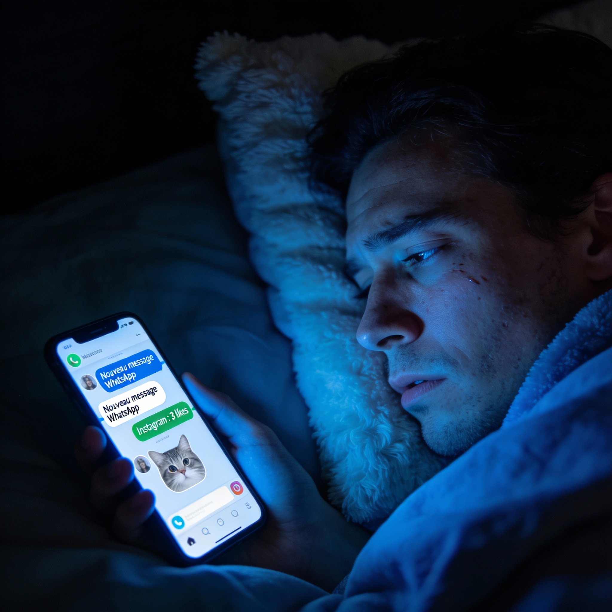 Personne qui regarde son téléphone la nuit, surplus de notification, téléphone dans le lit, manque de sommeil