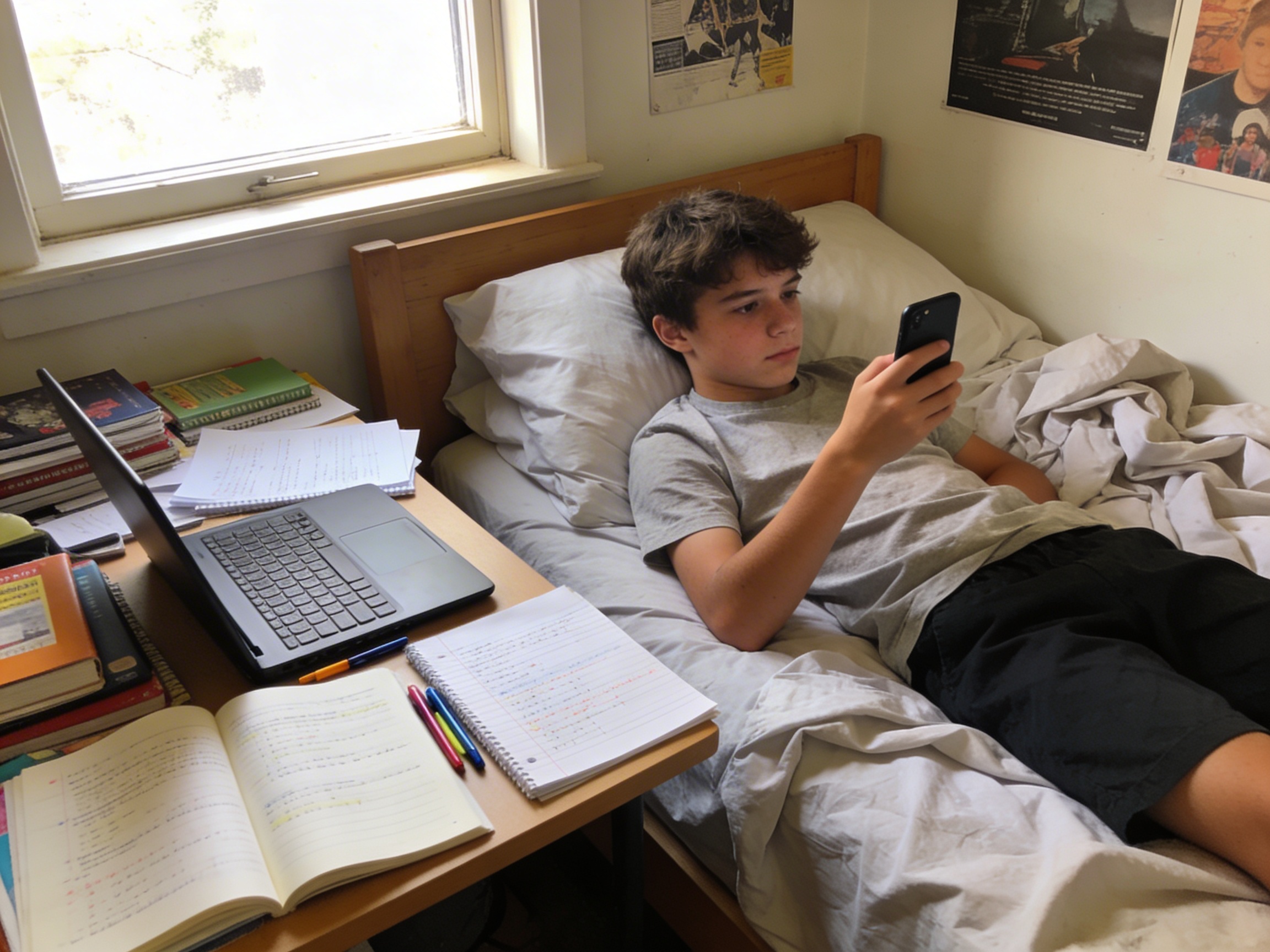 Ado, devoir, chambre, téléphone, manque de sommeil