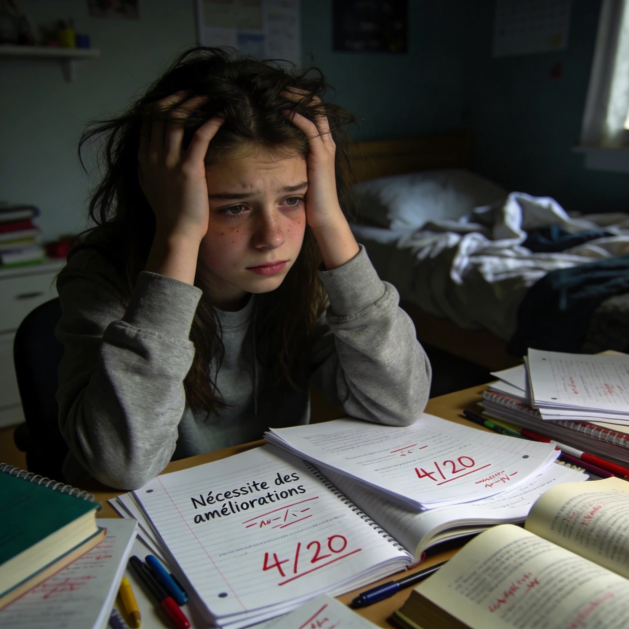 Ado, fille, mauvaise note, manque de sommeil, chambre, devoir
