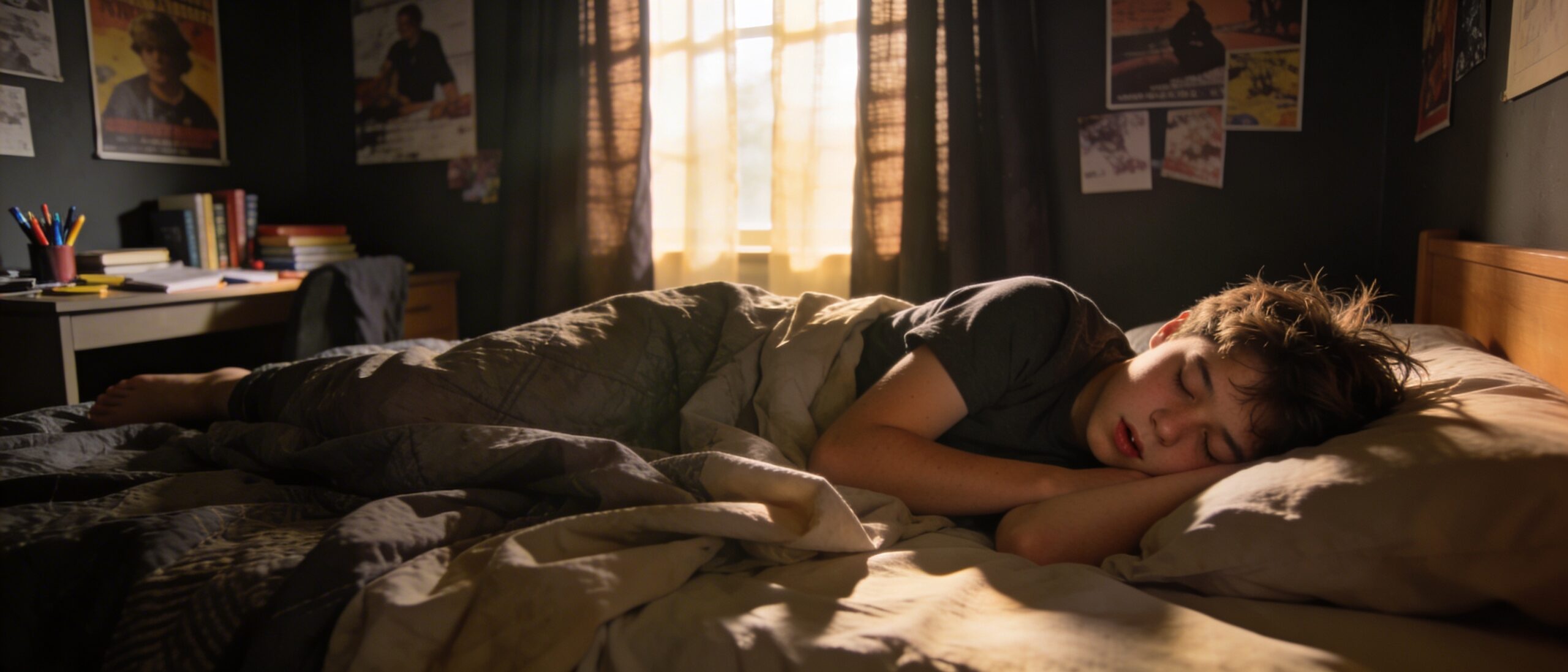 Ado, garçon, dort bien, lit, jour, longue nuit, reposant