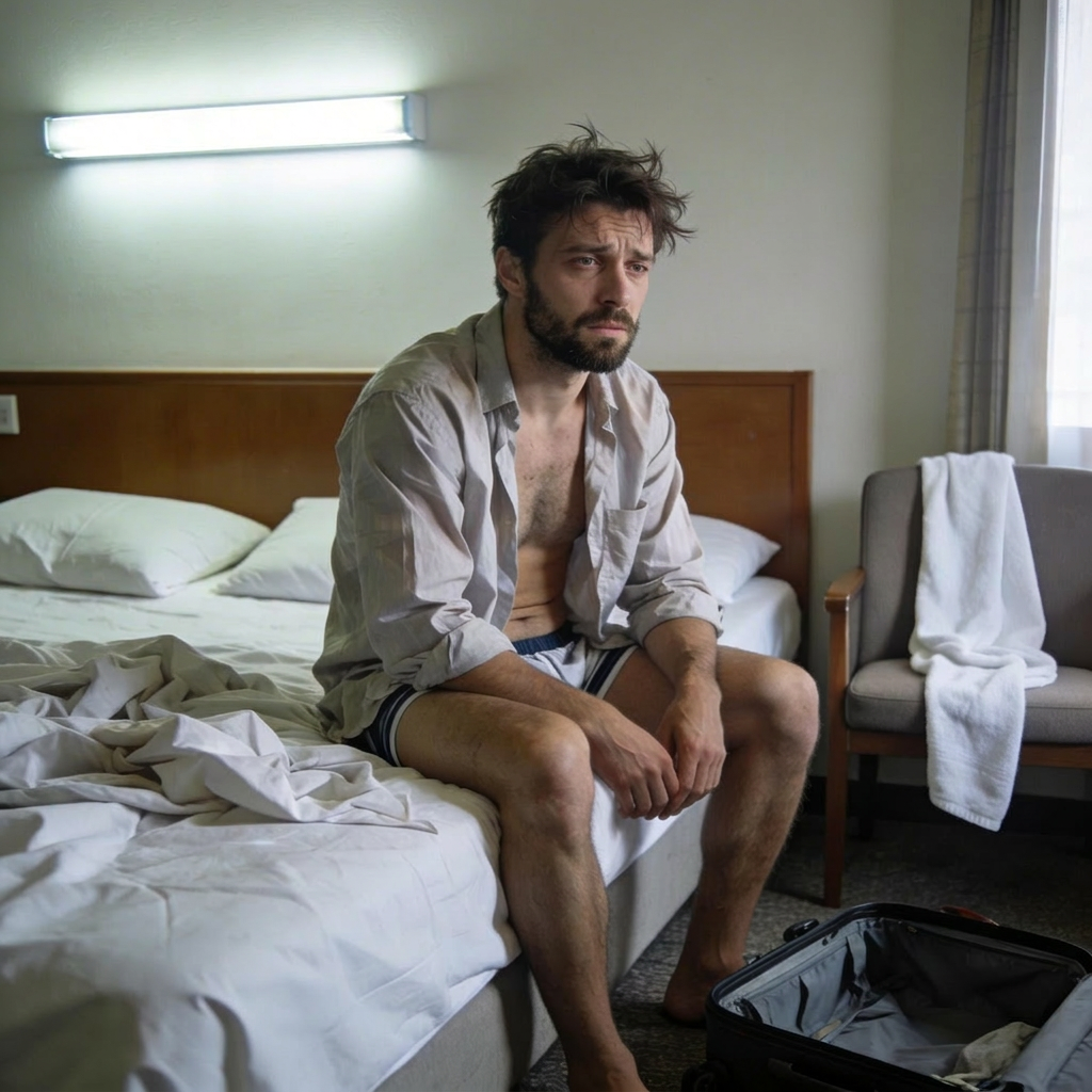 Homme, chambre d'hôtel, fatigué