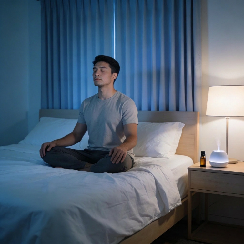 Homme, chambre d'hôtel, technique de respiration