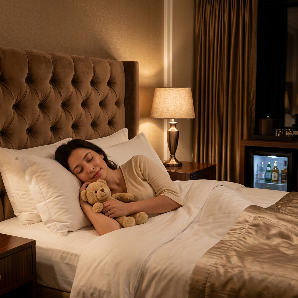 Femme, bon sommeil, chambre d'hôtel, peluche