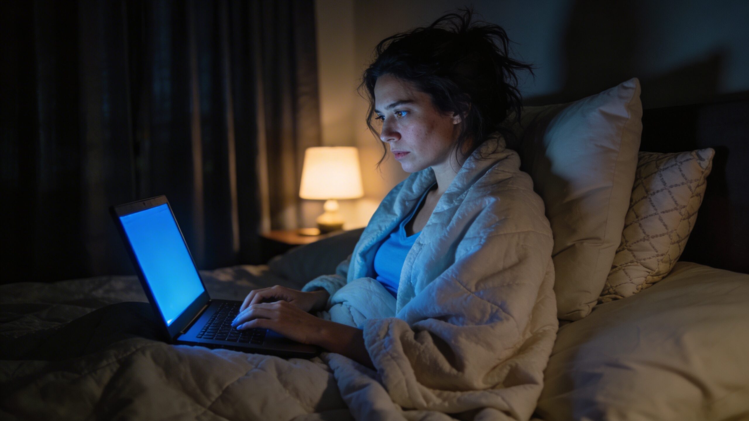 Femme qui travail, lit bureau, télétravail