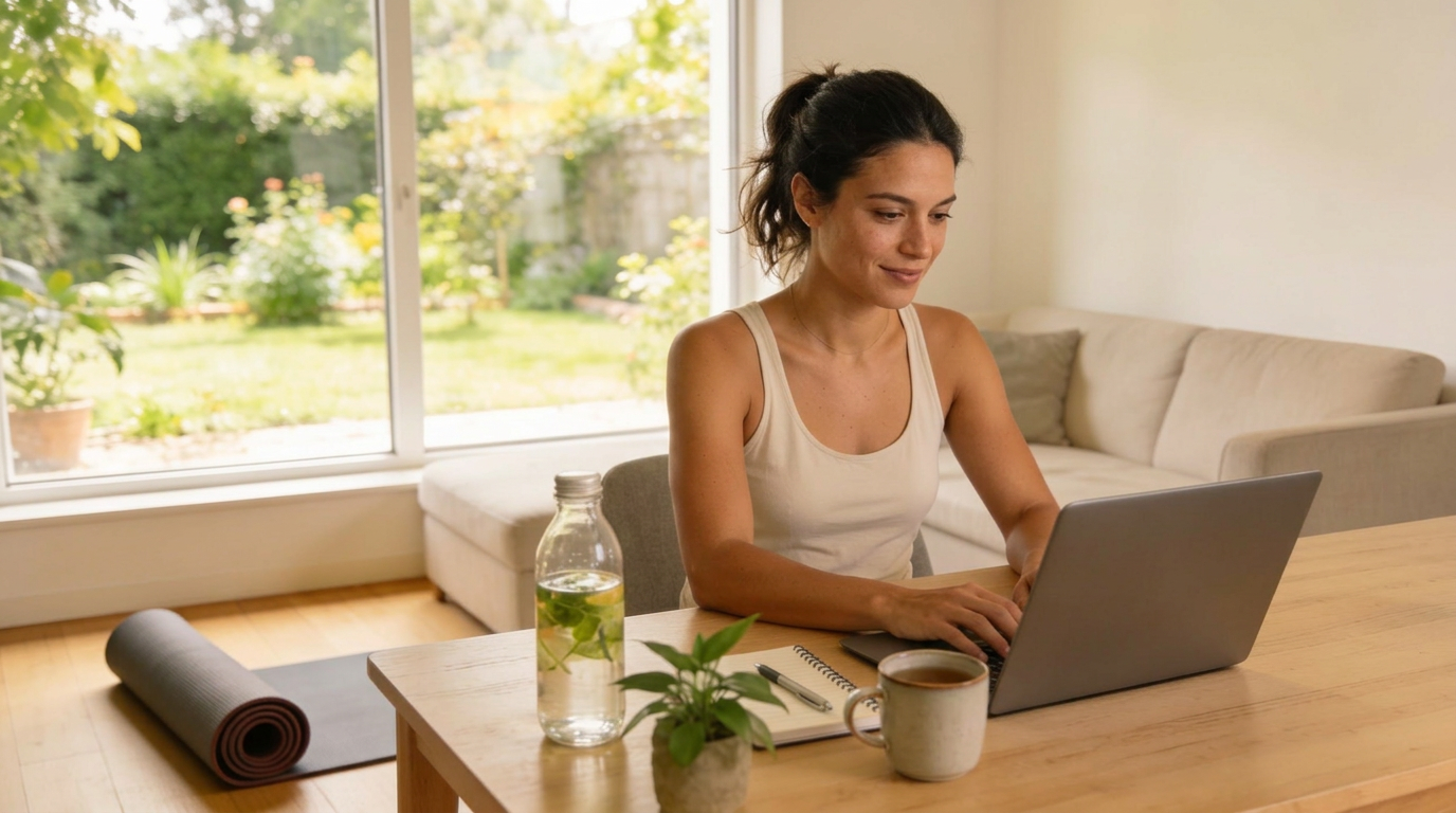 Femme en télétravail, vie pro/perso équilibrée