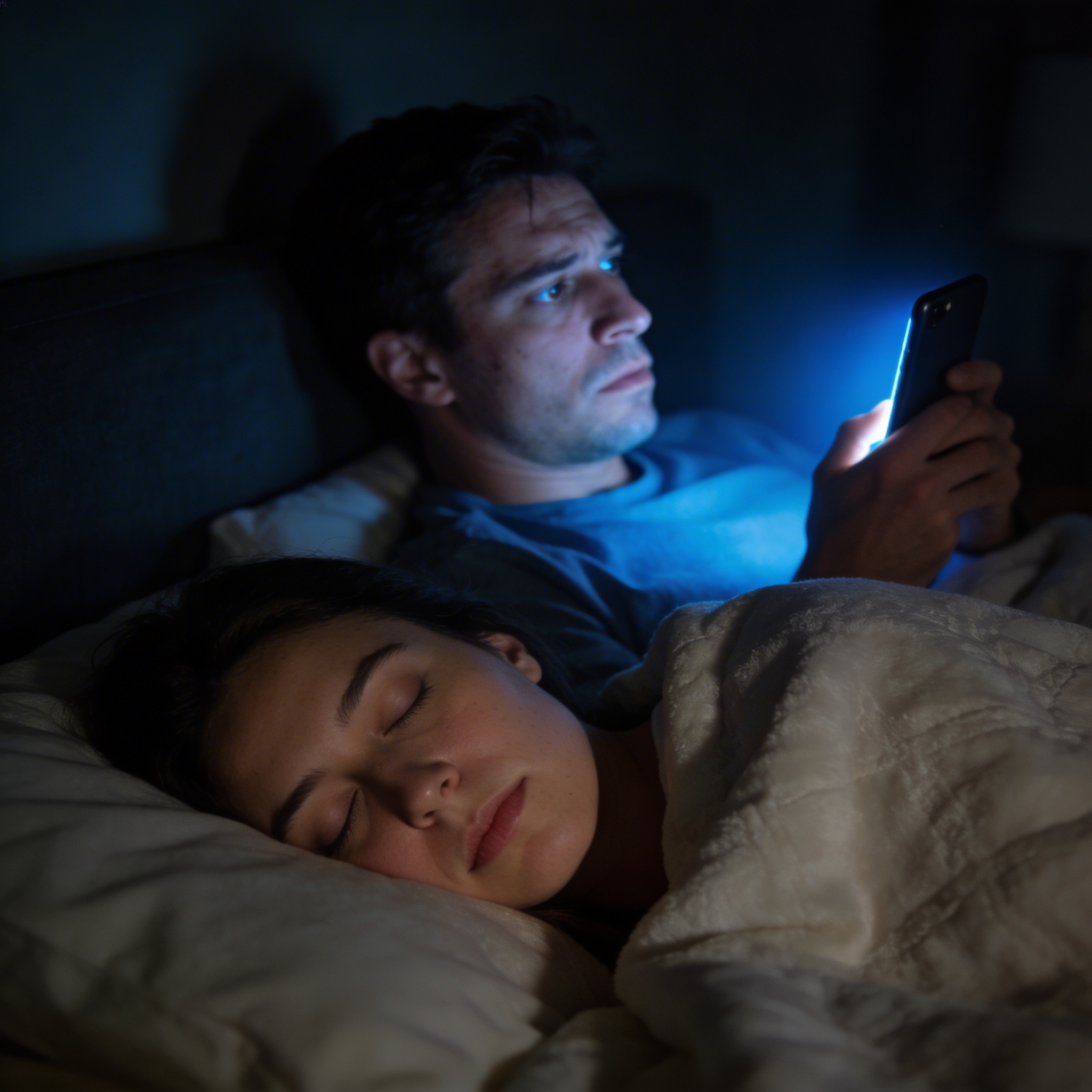 Couple, sommeil décalé, femme qui dort, homme sur son téléphone